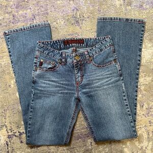 Y2K Low-rise Flare Mudd Jeans with red stitching